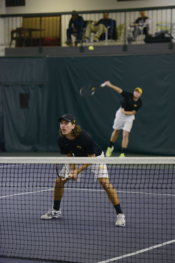 Senior Sebastien King prepares to face ETSU during a tennis match last spring.