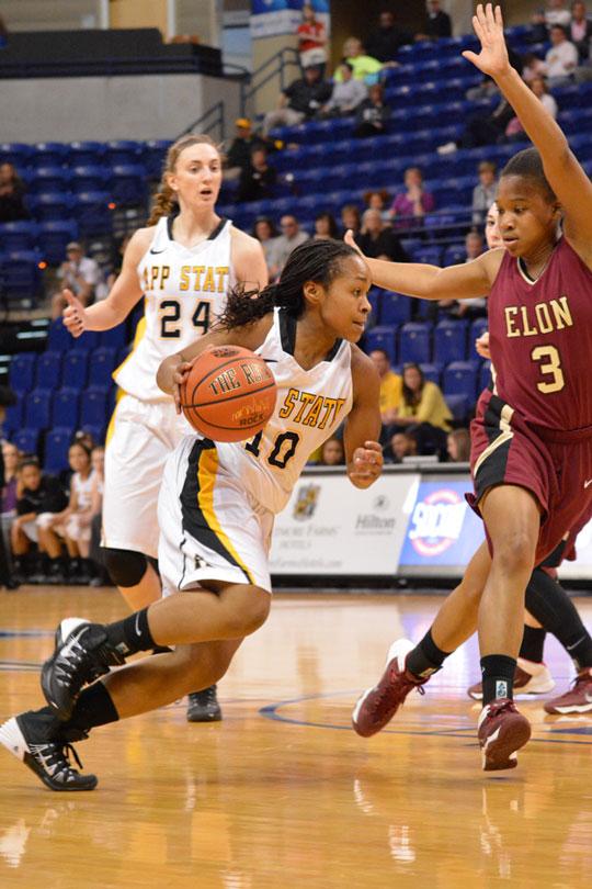 Freshman guard Joi Jones barrels toward the basket during Saturday's SoCon tournament game against Elon. Elon narrowly defeated Appalachian State 59-56. The Mountaineers will not be advancing in the SoCon tournament. Photo by Justin Perry  |  The Appalachian