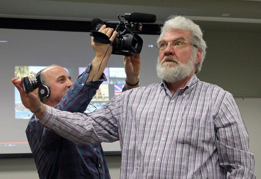 Professor of curriculum and instruction Joe Murphy (left) is probed with questions by practitioner-in-residence of curriculum and instruction Jeff Goodman (left) during a video production class last spring. Murphy, who will retire in May, has been with Appalachian for 39 years and spent 10 years as the Teaching Fellows advisory. This Friday at 6:30 p.m. the 2014 Joe Murphy Documentary Film Festival will kick off with "Doc and Merle" a film about the late musicians Doc and Merle Watson. Student work and other films by Joe will be shown at 2:30 p.m. and again at 7 p.m. on Saturday. The screenings will happen in Riech College of Education in room 124 and admission is free.