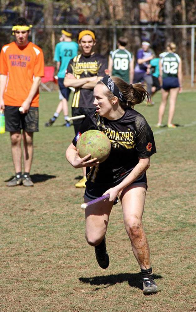 Sophomore beater Courtney Colwell heads down the field with a bludger during a Quidditch tournament last fall. The Appalachian Quidditch Club, The Apparators, will compete in the Quidditch World Cup at Myrtle Beach in April.  Photo courtesy of Alex Gates