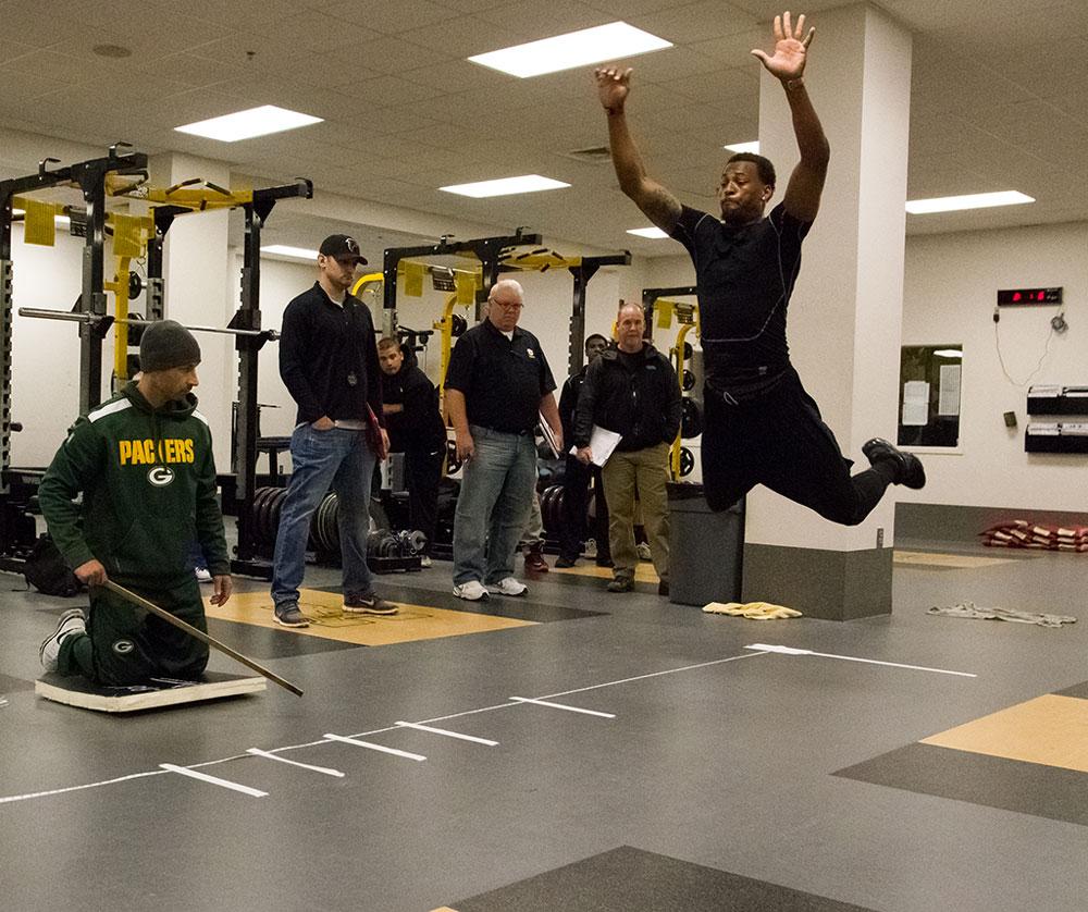 Former Appalachian State quarterback Jamal Londry-Jackson leaps through the air in the broad jump drill during Monday’s Pro Day at the Appalachian Athletics Center. Photo courtesy of Tyler Buckwell | Appalachian State Athletics