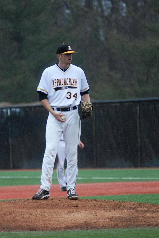 Sixth-year senior and former Watauga High pitcher Tyler Moore has settled into a consistent starting role this season. Moore has pitched three complete games for the Mountaineers this season. Photo by Corey Spiers | The Appalachian