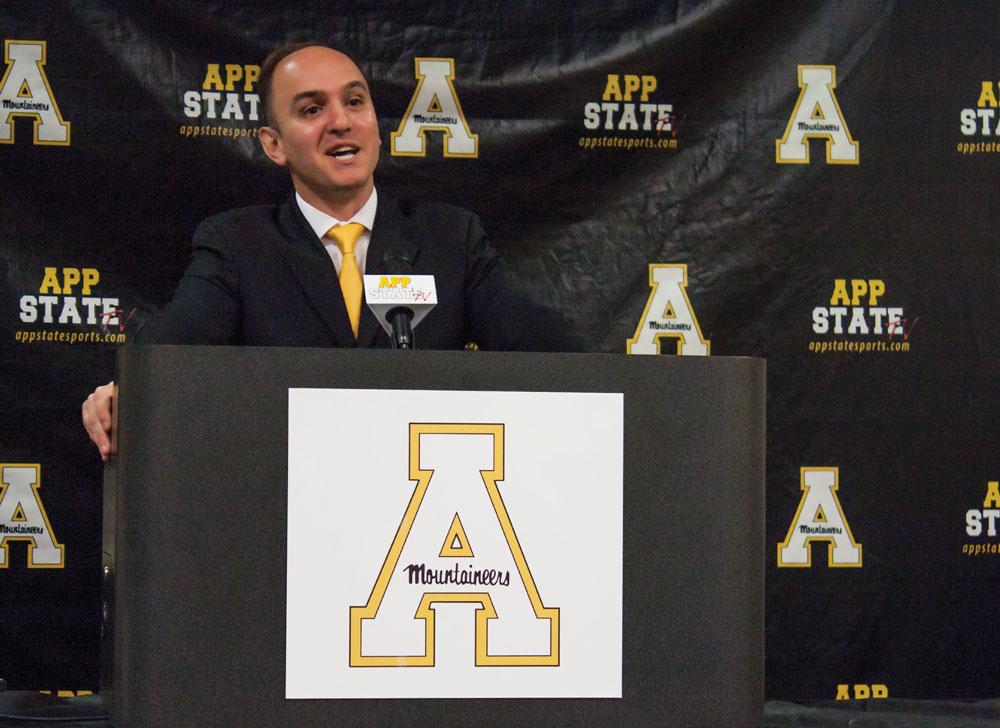 Newly hired head basketball coach Jim Fox speaks to media and fans at a press conference April 9 in the club level of the Athletics Center.  Photo by Rachel Krauza  |  The Appalachian