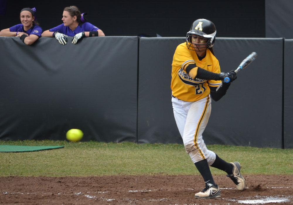 Junior second baseman Cynthia Gomez swings at a pitch during a game against Western Carolina earlier this season. Gomez ranks second on the team with a batting average of .340 this season. Photo by Corey Spiers  |  The Appalachian