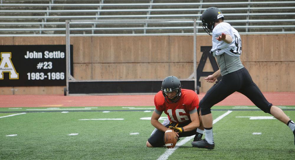 Freshman placekicker Mason Moore drills the ball for an attempted field goal in last Saturday’s Spring Scrimmage. The NFL has proposed changes to the point after touchdown play. Photo by Corey Spiers | The Appalachian