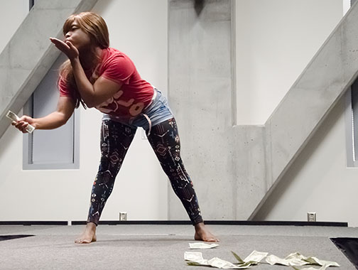 Junior social studies education major Cedric Bowie, also known as Trophy Wife, blows a kiss to a tipper during a performance. Bowie, who won the amateur show earlier this semester, will perform at the professional show Saturday at 8 p.m. in Legends. Photo by Kim Reynolds | The Appalachian