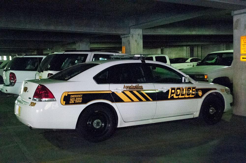 A campus police vehicle on Wednesday in the Rivers Street Parking Deck. University Police is located in the Rivers Street Parking Deck building. Photo by Morgan Cook  |  The Appalachian