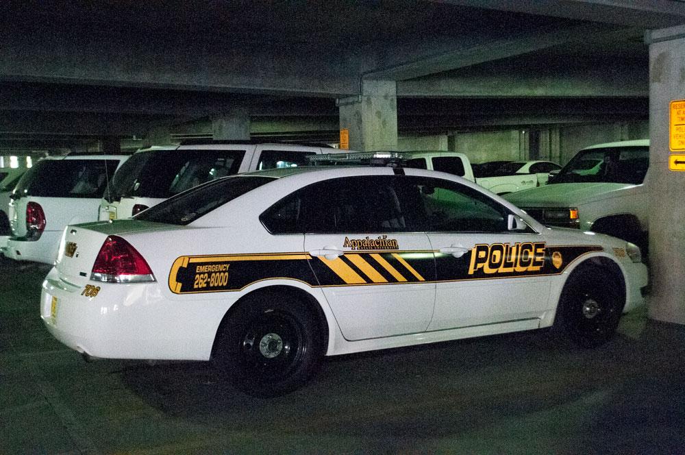 A campus police vehicle on Wednesday in the Rivers Street Parking Deck. University Police is located in the Rivers Street Parking Deck building. Photo by Morgan Cook | The Appalachian